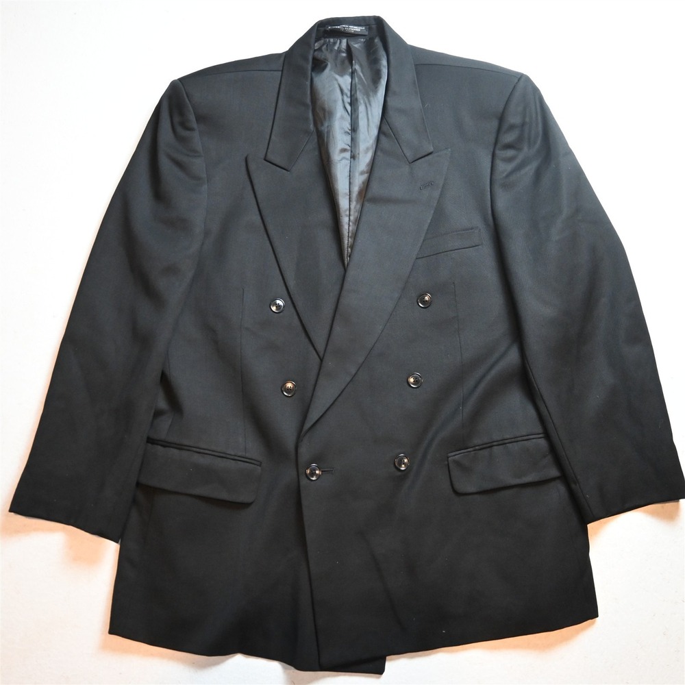 Vtg USA Double Breasted 44R Black Wool Boxy Y2K 2000s Blazer Jacket Sport Coat